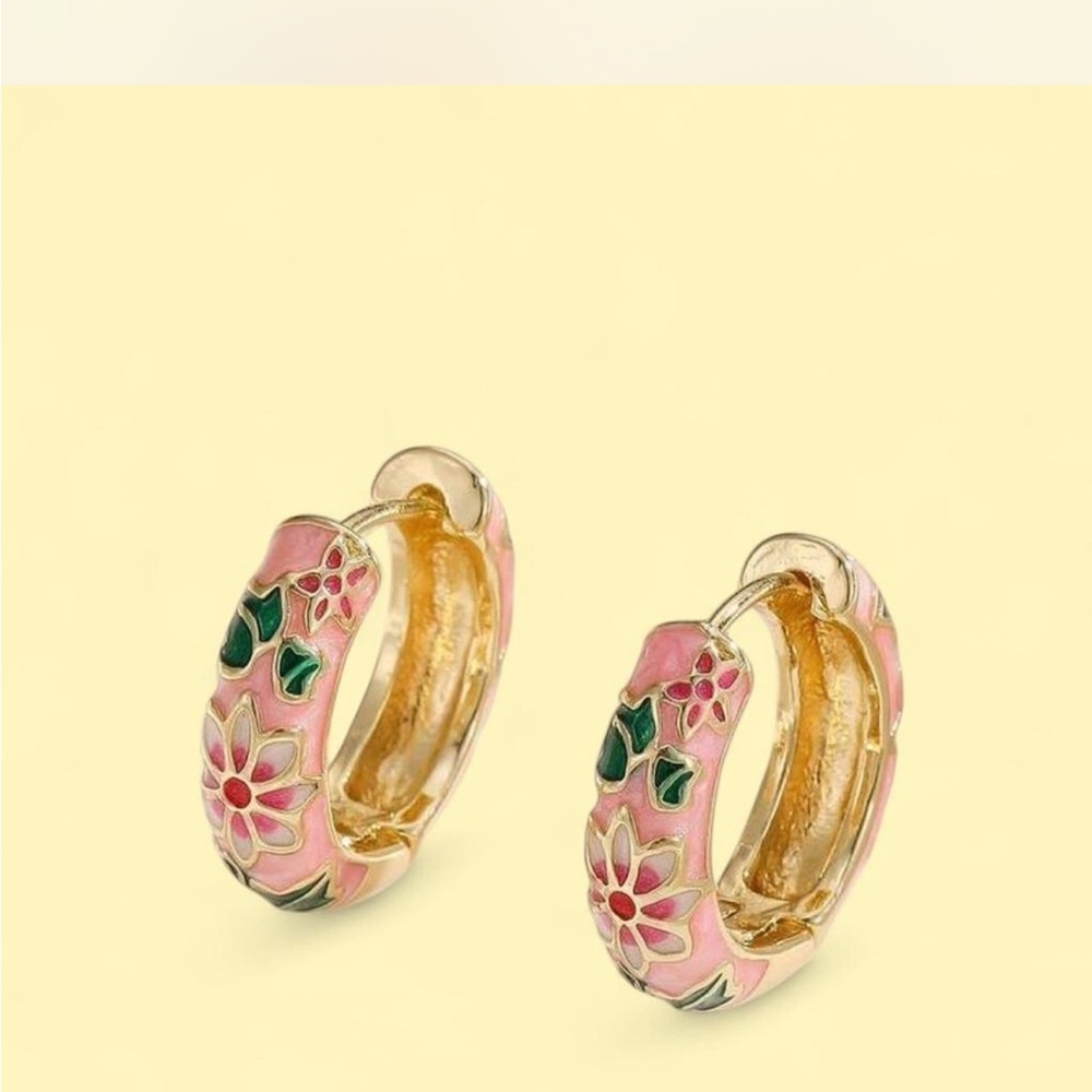 Gold-Tone Pink Floral Enamel Hoop Earrings